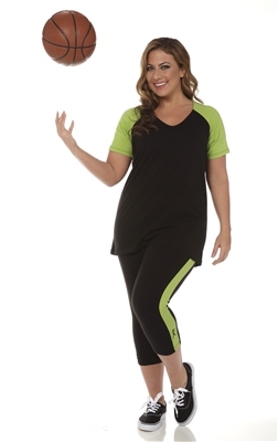 Combo Plus Size Baseball Shirt & Capri Pants Black with Apple Green Sleeves
