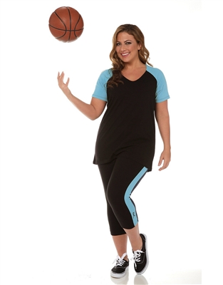Combo Plus Size Baseball Shirt & Capri Pants Black with Turquoise Sleeves